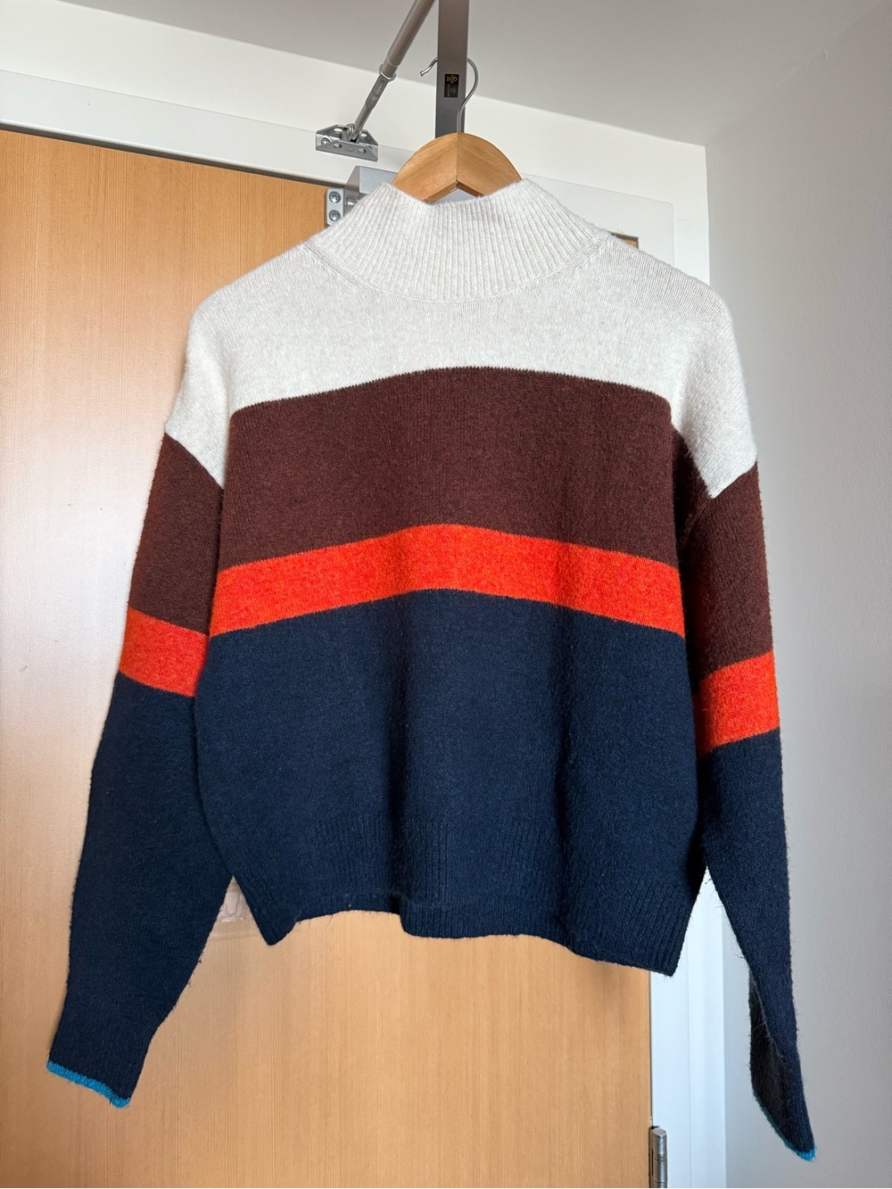 H&M Colorblock Mock Neck Sweater in Cream, Brown, Navy and Red-Orange